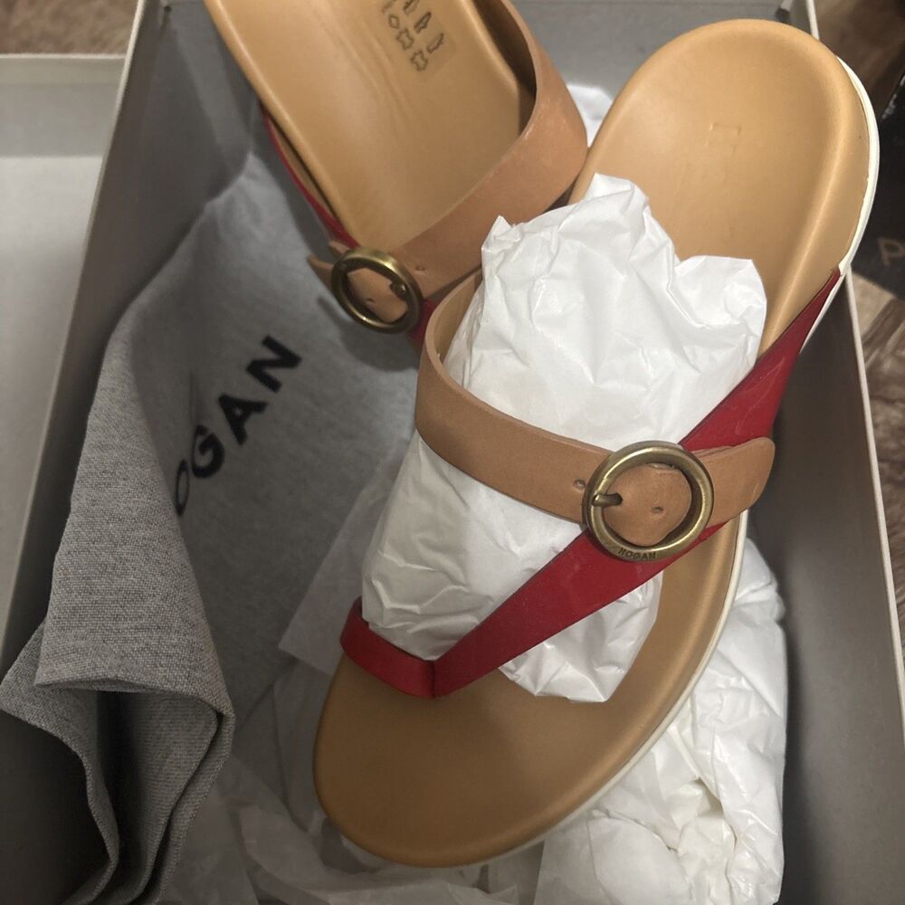 NEW HOGAN Women's Pink Leather Buckle Flip Flop Slip Sandals Dust Bag 37 7